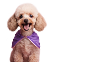 Cute poodle dog wearing a purple cape, sitting and smiling isolate on transparent background, cutout, png