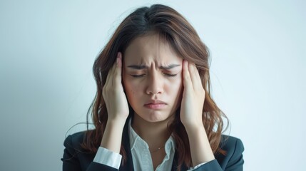 Fototapeta premium A business woman holding their head in pain, headache, on white background, with white space