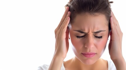 Fototapeta premium A woman holding their head in pain, headache, on white background, with white space