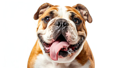 Obraz premium English Bulldog, Female standing against White Background,Funny photo of Bulldog breed dog sticking tongue out,adorable lying brown and white english bulldog with tongue exposed looks to side