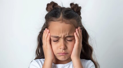 A kid holding their head in pain, headache, on white background, with white space