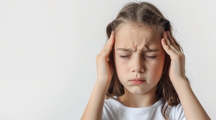 A kid holding their head in pain, headache, on white background, with white space