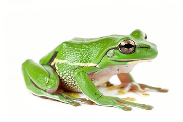 Obraz premium the beside view Australian Green Tree Frog, left side view, white copy space on right, isolated on white background