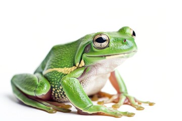 Obraz premium the beside view Australian Green Tree Frog, left side view, white copy space on right, isolated on white background