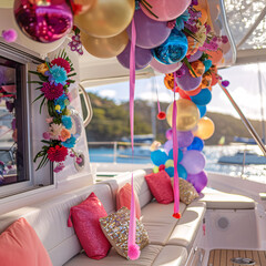 Vibrant Party Decorations Adorning a Catamaran for Festive Celebration