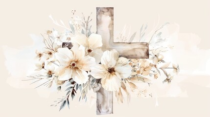 Beautiful Cross with Floral Decorations Biblical Illustration, Christian Celebration and Life, Beige Background, copyspace