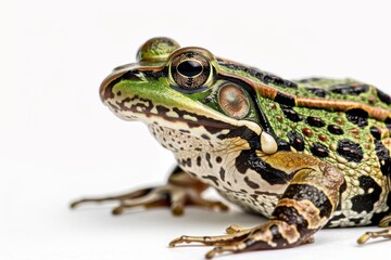 Fototapeta premium the beside view Northern Leopard Frog, left side view, white copy space on right, isolated on white background