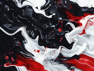 Fluid abstract artwork featuring dynamic swirls of black, white, and red. The colors blend and contrast, creating a sense of movement and depth with scattered red droplets.