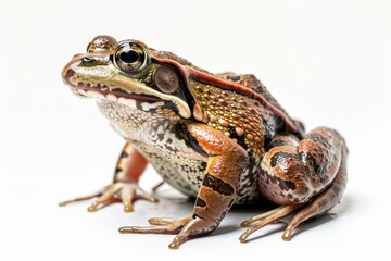 the beside view Northern Red-legged Frog, left side view, white copy space on right, isolated on white background