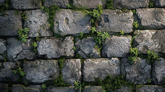 A brick wall covered in moss and plants