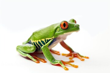 the beside view Red-eyed Tree Frog, left side view, white copy space on right, isolated on white background