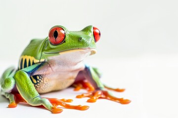 Obraz premium the beside view Red-eyed Tree Frog, left side view, white copy space on right, isolated on white background