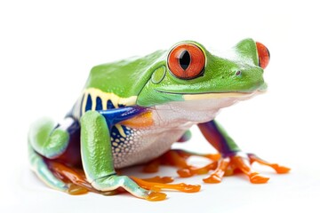 the beside view Red-eyed Tree Frog, left side view, white copy space on right, dutch angle view, isolated on white background