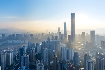 Fototapeta premium Sunrise Over a City Skyline with Hazy Mountains
