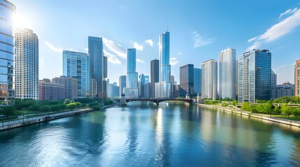 Obraz premium Chicago Skyline with River and Bridge