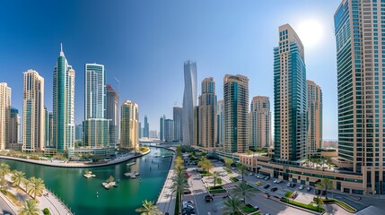 Dubai Skyline with Tall Buildings and Waterway
