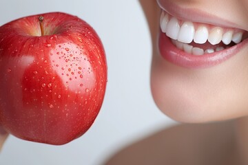 Close-up of a person smiling while holding a fresh red apple. Healthy lifestyle, dental care, and nutrition concept.