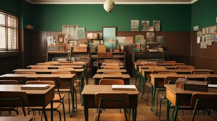 a classroom with a globe on the top of the desks and a globe in the middle.