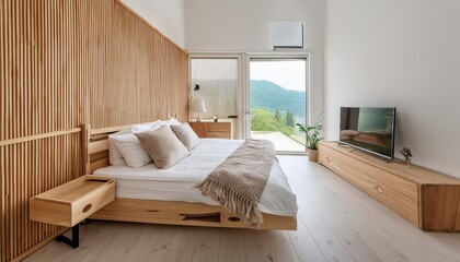 Cozy Bedroom with Wooden Furniture, Large Windows, and Minimalist Decor for a Relaxing Ambiance