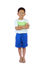 Portrait Asian boy kid age 7 years old in casual standing cross arms over chest and looking straight isolated on white background. Image full length with clipping path.