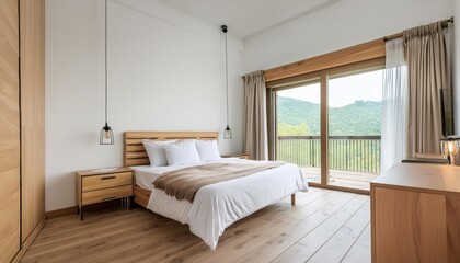 Elegant Bedroom Design Featuring Natural Wood Elements and Spacious Windows