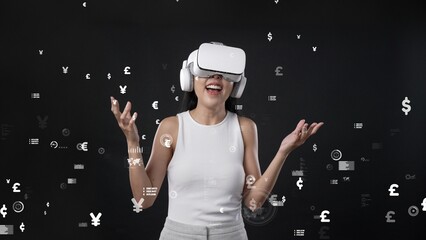 Beautiful woman wearing VR metaverse international currency exchange crypto symbol surround digital graphic floating money exchange valued financial technology bitcoin trading online. Hallucination.