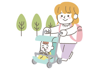 赤ちゃんをベビーカーに乗せて歩いている女性のイラスト