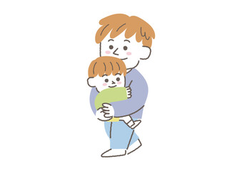男の子を抱っこして歩いているパパのイラスト
