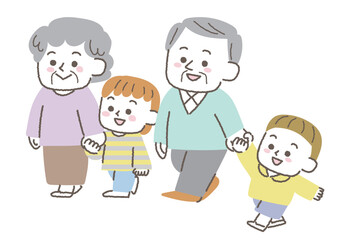 手を繋いで孫たちと歩く高齢夫婦のイラスト