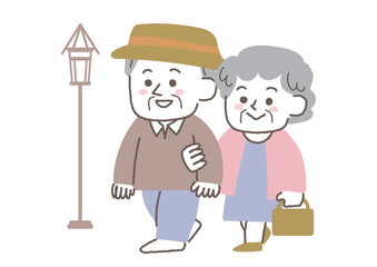 腕を組んで歩くシニア夫婦のイラスト