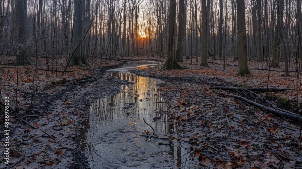 Aufkleber a forest with a stream of water running through it