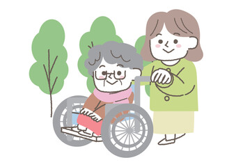 車椅子に乗るシニア女性と押す女性
