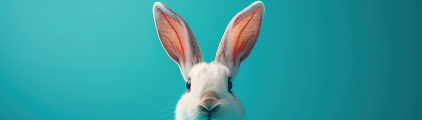 White rabbit with long ears against a teal background.