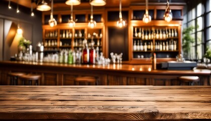 Obraz premium Classic Charm: Dark Brown Desk in a Blurred Bar Setting