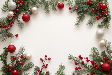 Christmas Frame Made of Tree Branches with Ornaments: A Soft Lit Festive Decoration