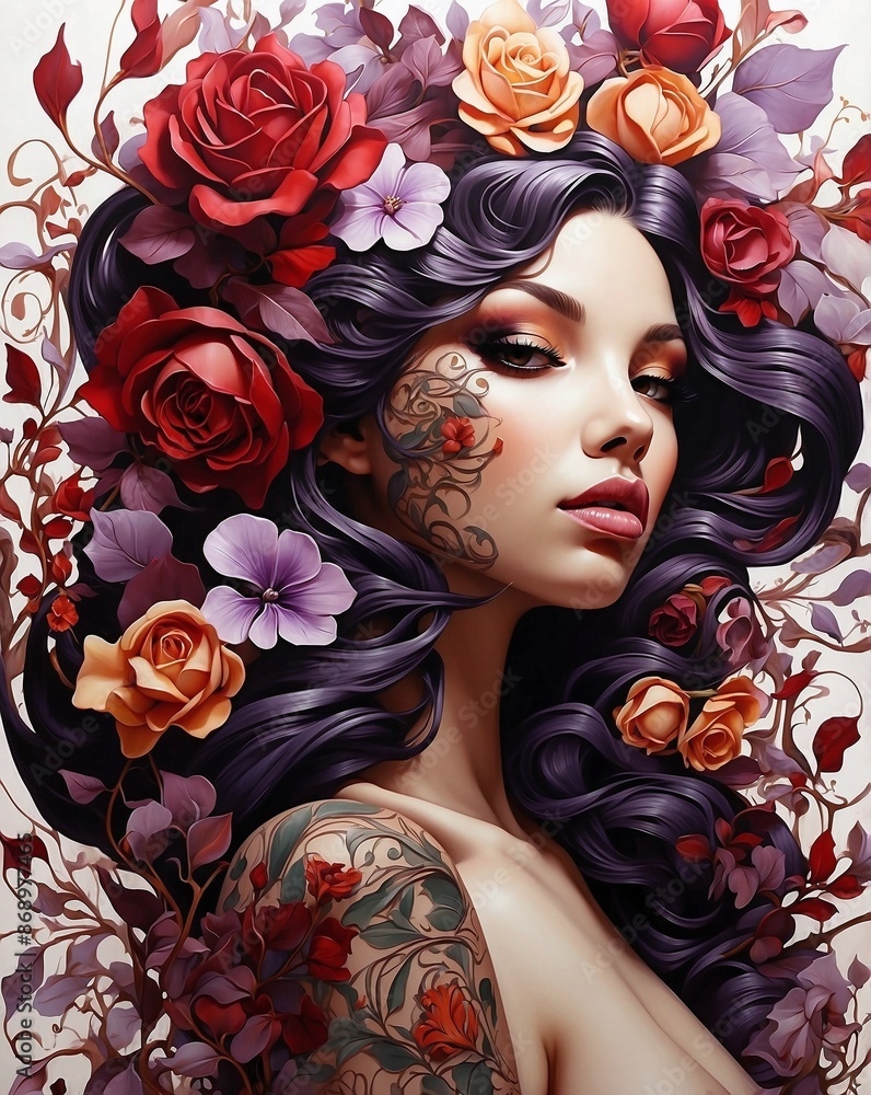 Wall mural flower girl tattoo illustration