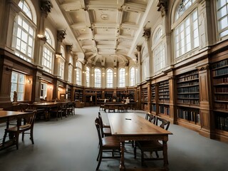 Obraz premium A large and luxurious library with tables and chairs with a large fireplace in the center