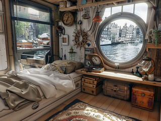 Fishing and Comfort on a Nautical Houseboat with Cozy Berth Nook
