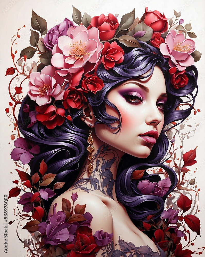 Wall mural flower girl tattoo illustration