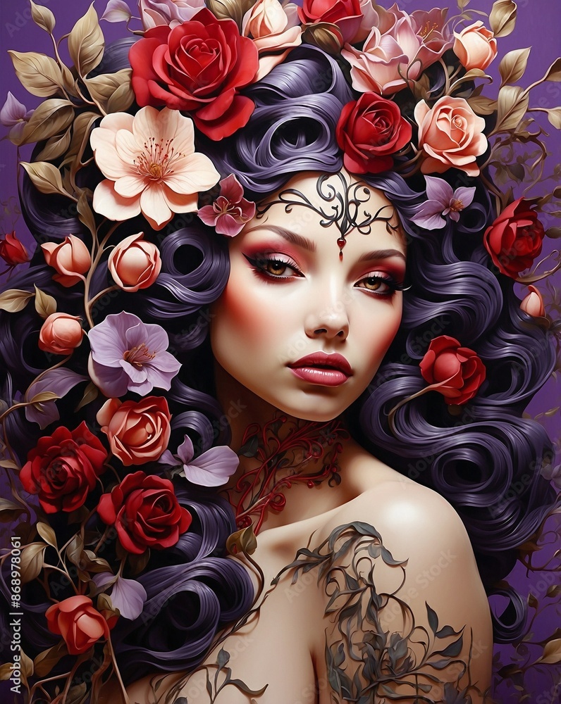 Wall mural flower girl tattoo illustration