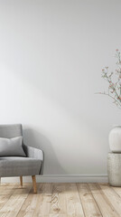 Minimalist interiors in a luxury property with minimal furniture, balanced lighting and copy space for text. Residential Real Estate interiors design composition in neutral colors.
