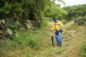Obraz premium Senior latin man walking on a rural path, a restored stone royal way, going from Barichara to Guane, in Santander, Colombia. Concept: Active retirement lifestyle in contact with nature.