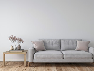 Fototapeta premium Minimalist interiors in a luxury property with minimal furniture, balanced lighting and copy space for text. Residential Real Estate interiors design composition in neutral colors.