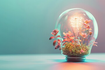 A light bulb is surrounded by plants and moss