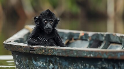 The black headed spider monkey sitting on a boat very detailed and realistic shape