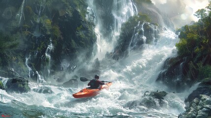 Fototapeta premium Kayaker paddling through the fast flowing water.