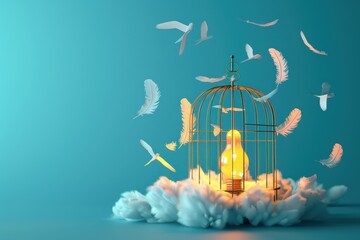 A cage with birds and a light bulb