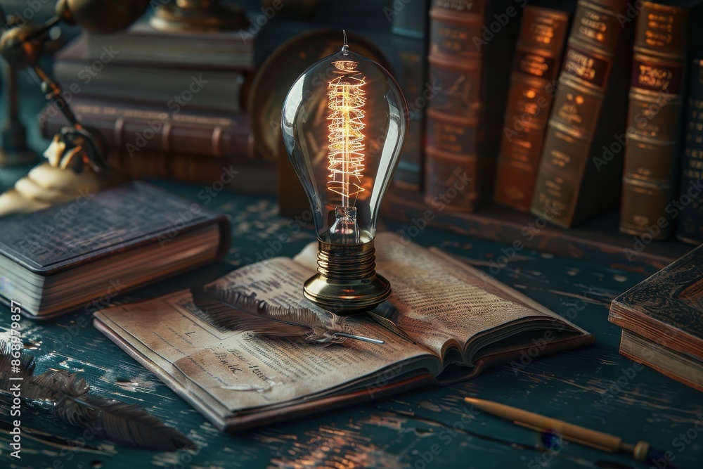 Poster a light bulb sits on a table next to a stack of books