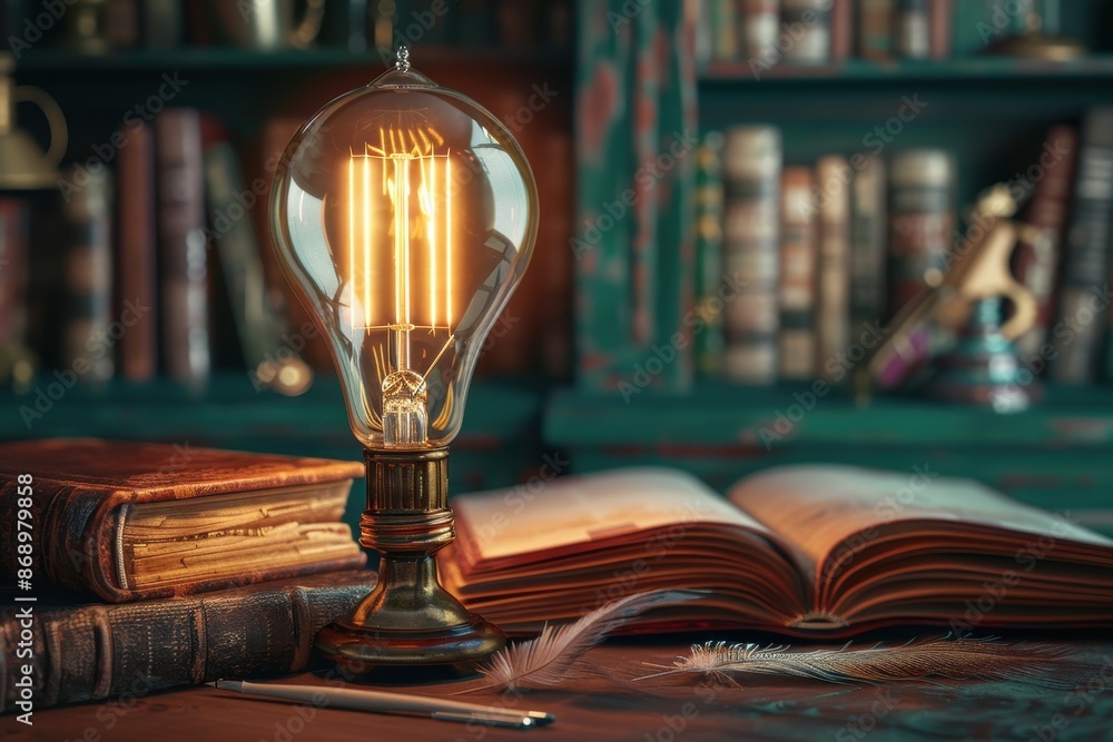 Poster a light bulb sits on a table next to a stack of books