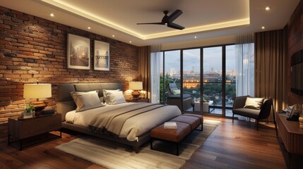 Elegant Bedroom Design with Brick Wall Background